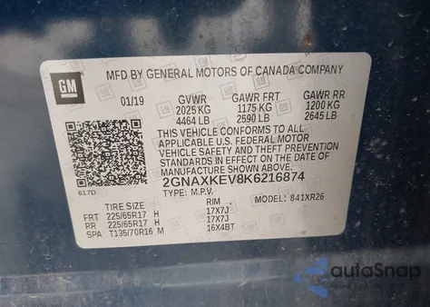 2019 Chevrolet Equinox Lt from USA, damaged, VIN 2GNAXKEV8K6216874